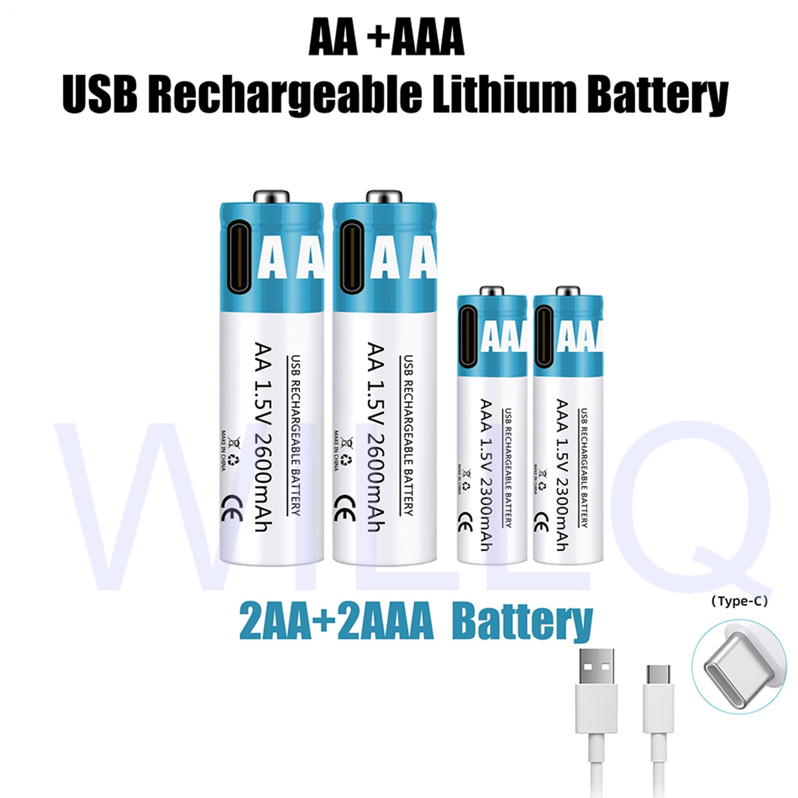 Baterías Recargables AA+AAA 1,5 V 2600 mAh + 2300 mAh batería de Iones de Litio de Alto Rendimiento Carga rápida USB-C (con Cable) para Juguetes/teclados,2600mah+2300mah,2pcs