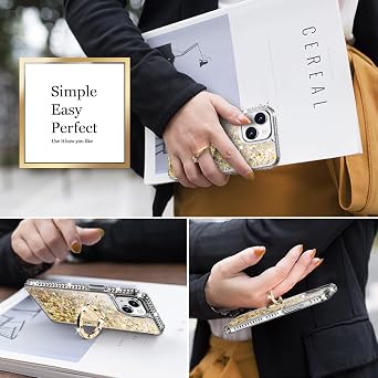 Silverback for iPhone 15 Case with Ring Stand, Clear Gold | Moving Liquid Holographic Sparkle Glitter, Kickstand, Bling Diamond Ring, Cute Protective Cover for Women Girls