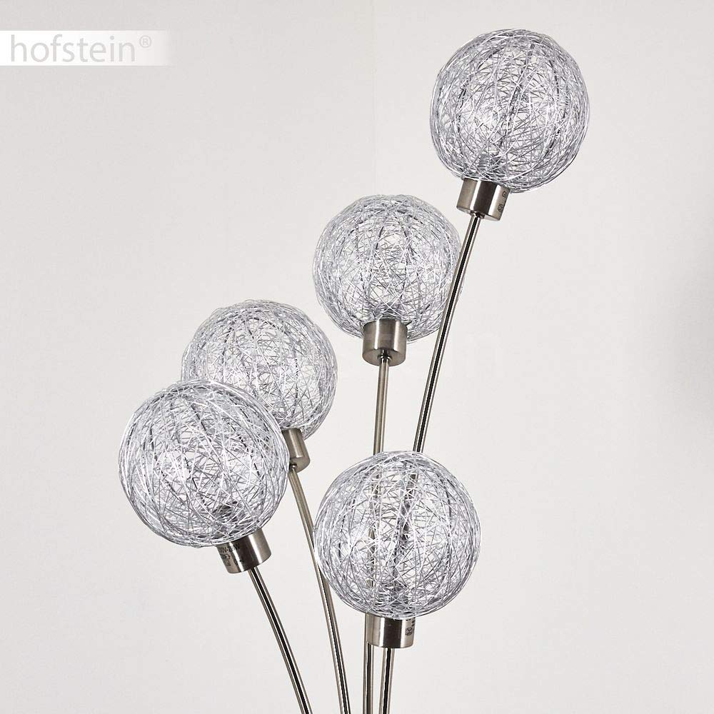 Lampada da terra Bernado dimmerabile all'infinito in nichel opaco/argento, G9, 5 globi metallici, lampada ad arco, soggiorno/camera da letto/corridoio, interruttore a pedale sul cavo, senza lampadine