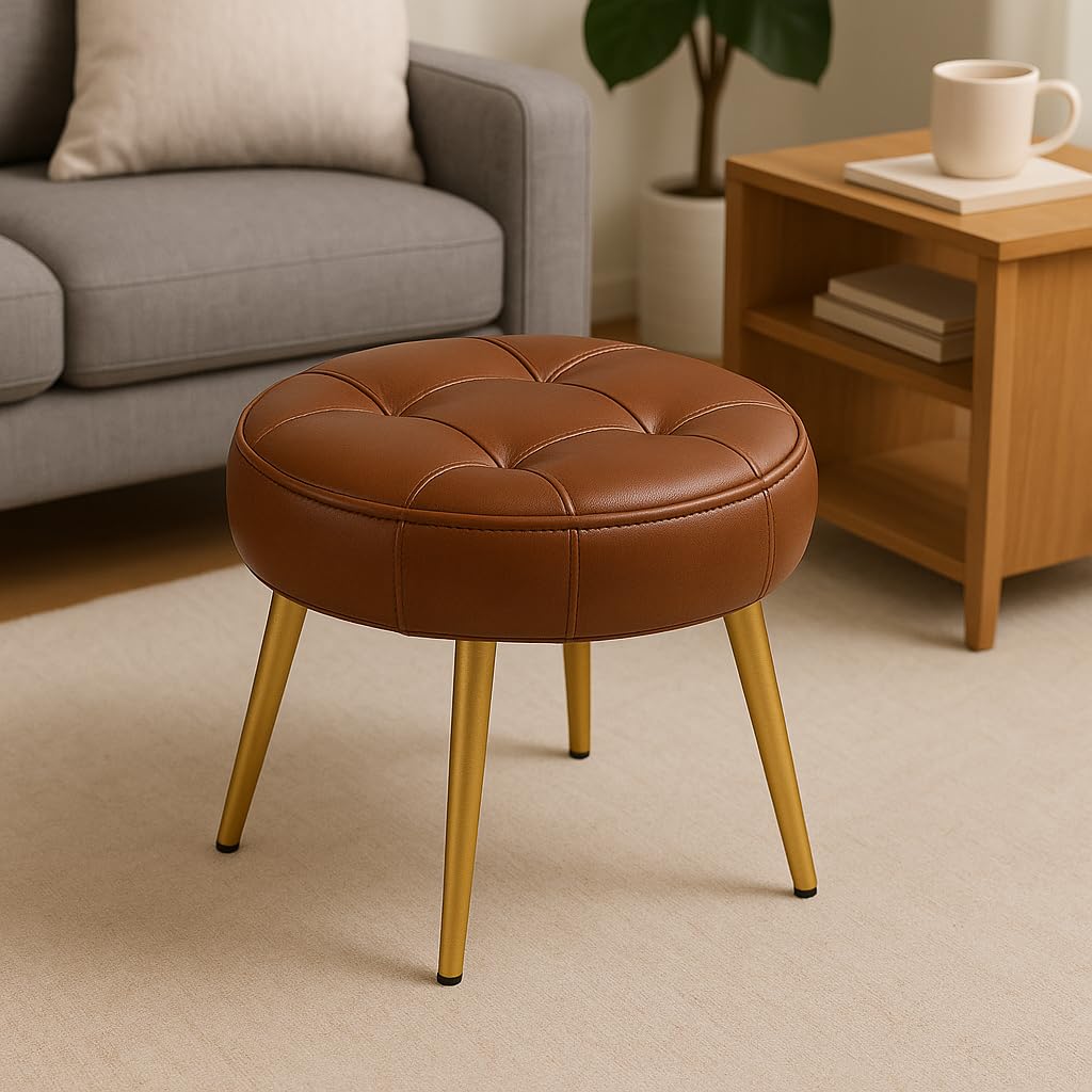 Woodilla Round Tufted Ottoman Stool with Gold Metal Legs – Modern PU Leather Footrest Seat for Living Room, Bedroom & Vanity-image-8