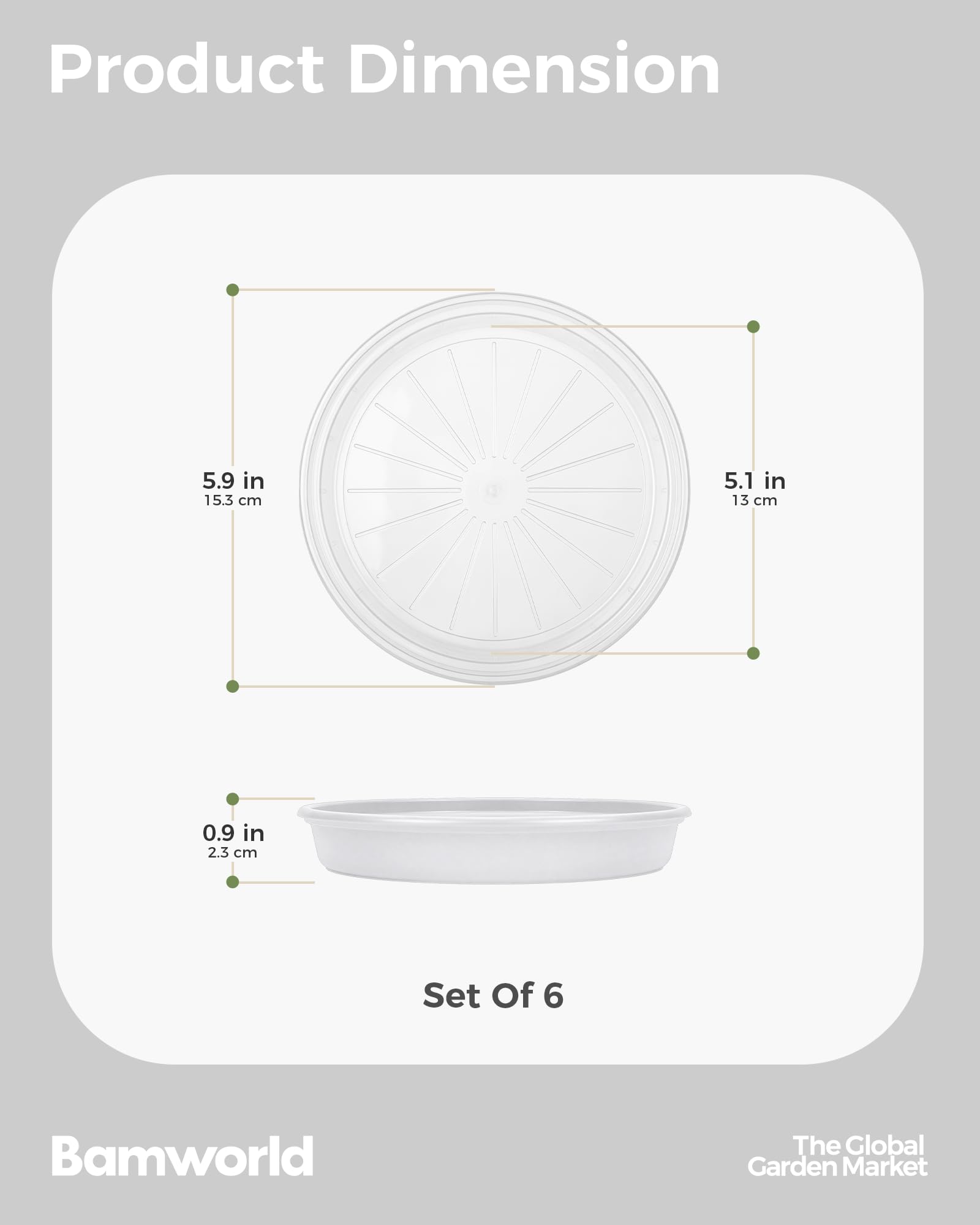 Bamworld soucoupes pour Plantes (15/20/25/30 cm) – Bacs d'égouttage en Plastique Transparent pour jardinières d'intérieur et d'extérieur (Transparent-6pcs)