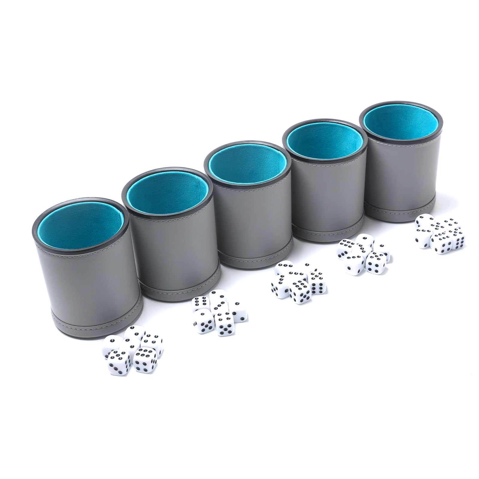 Würfelbecher aus PU-Leder, mit Filzfutter, leiser Shaker mit 30 Punkten für Bar, Party, Yahtzee Farkle Würfelspiele, Grau, 5 Stück