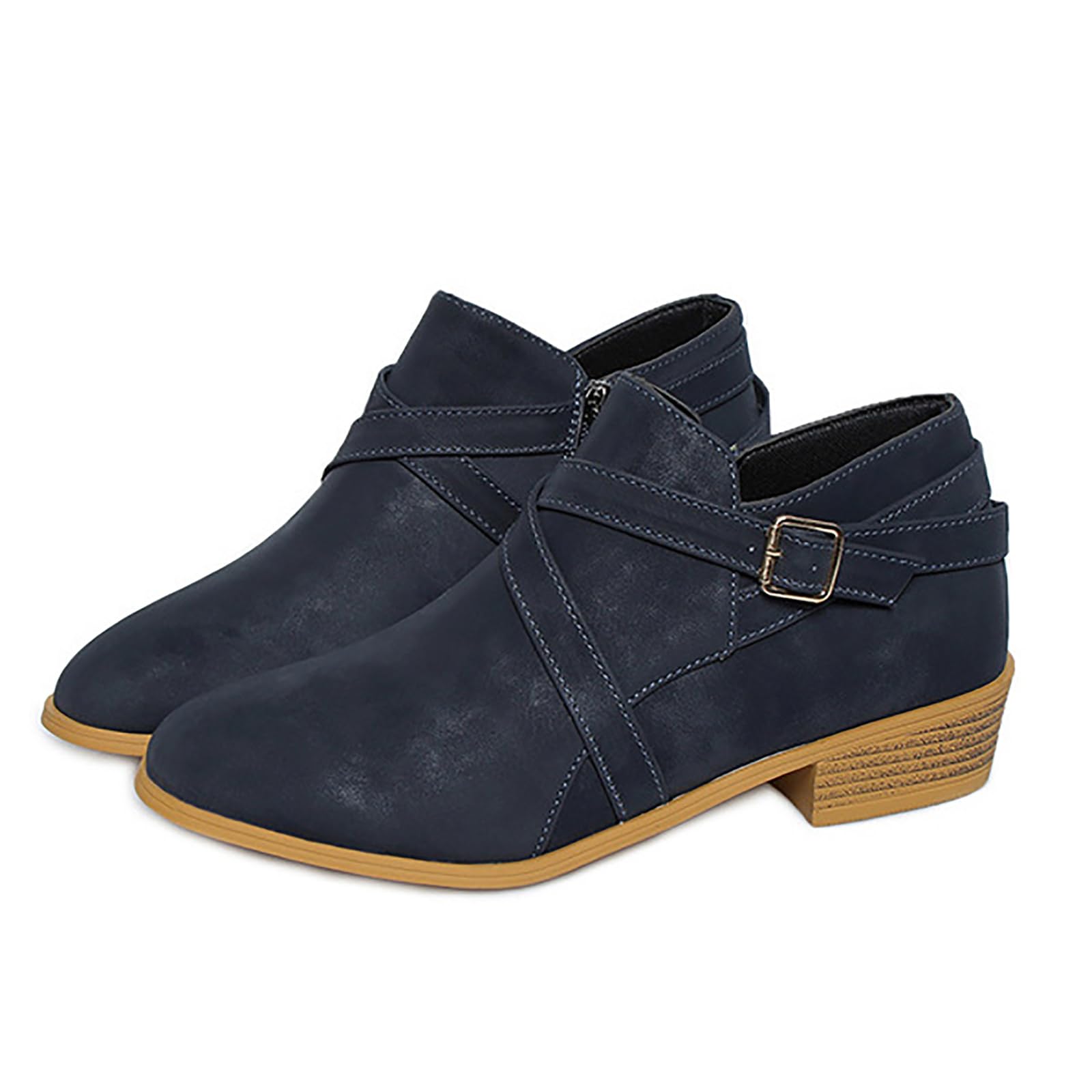 Unifizz Womens Chunky Low Heel Ankle Boots Classic Pointed Toe Side Zipper Booties