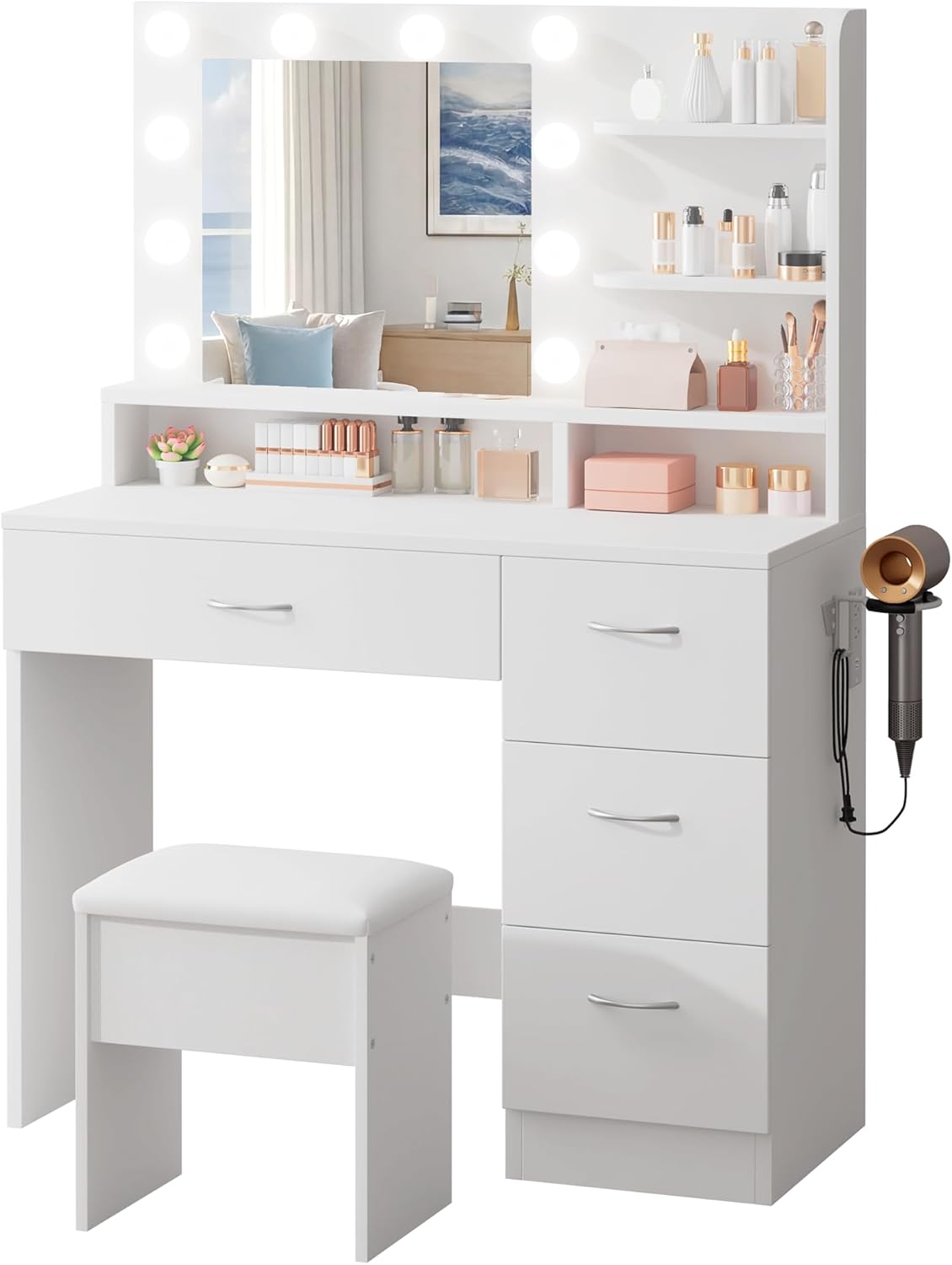 White Makeup Vanity with HD Mirror & 10 LED Bulbs, 35.4" Dressing Table with Charging Station, 4 Drawers, Hairdryer Rack & Cushion Stool, Modern Bedroom Vanity Set