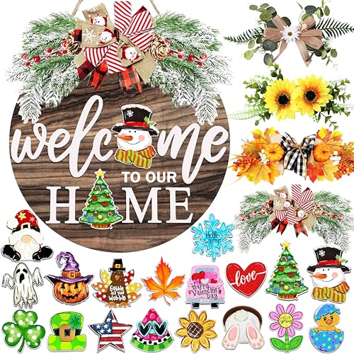 Interchangeable Welcome Sign for Front Door with 4 Seasonal Wreaths