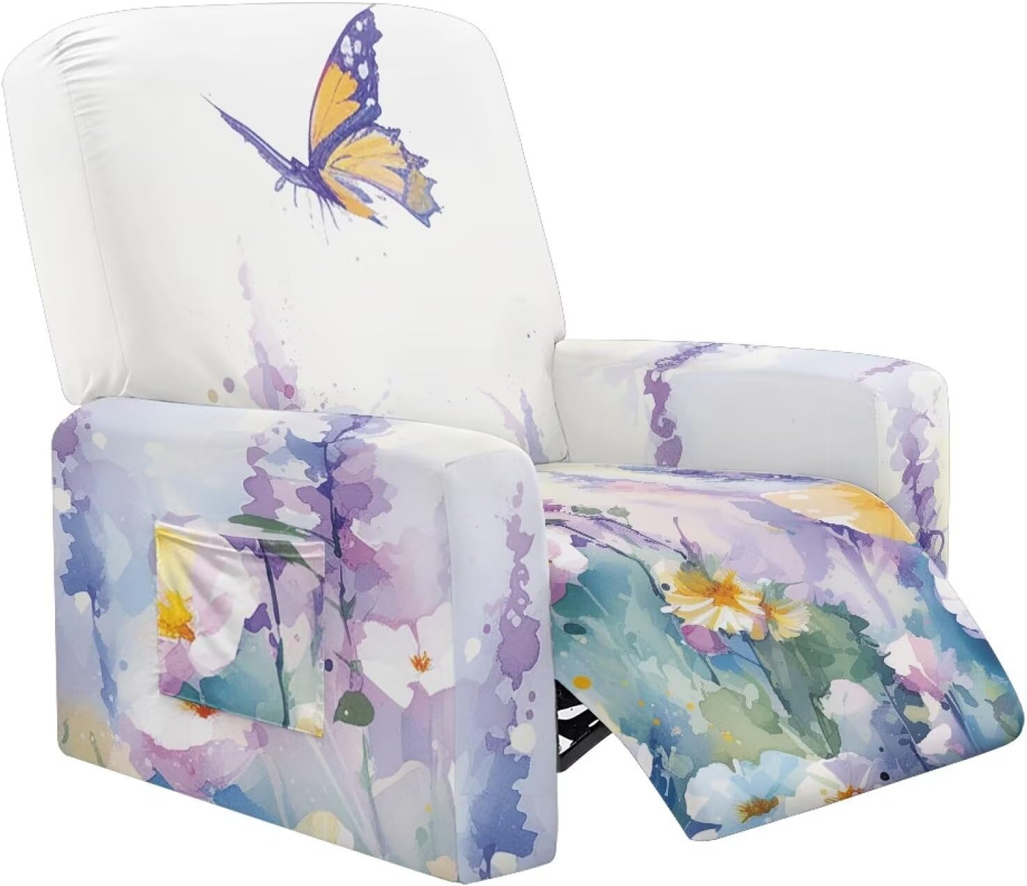 Kuiaobaty Watercolor Purple Floral Butterfly Recliner Chair Covers 4 Pieces Stretch Single Recliner Slipcover with Storage Pockets Sofa Couch Cover Washable Furniture Protector for Pets Kids
