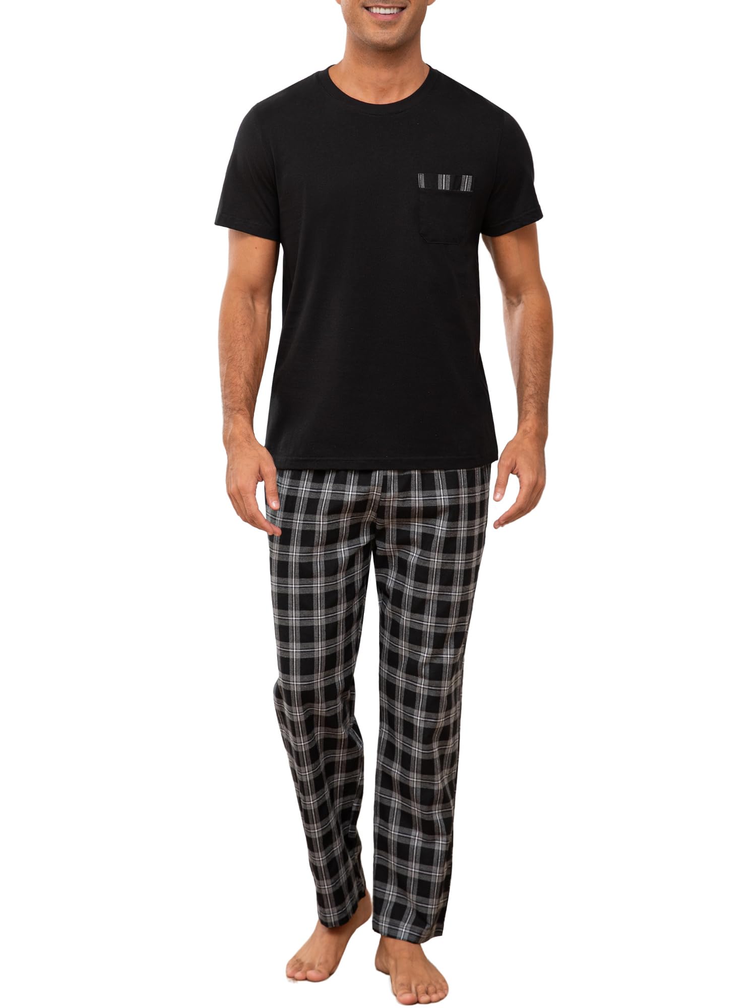 Winovia Schlafanzug Herren Kurzarm mit Langer Karierter Hose, 100% Baumwolle Pyjama Set für Männer, Weiche Nachtwäsche mit Brusttasche, Zweiteiliger Hausanzug & Loungewear