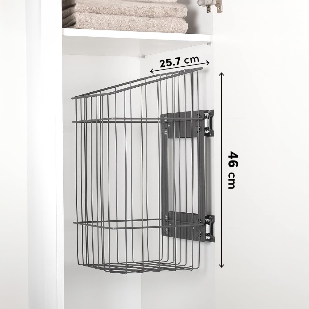LM 683 Wäschekorb für Schrank, schmal und hoch ausziehbar mit Schienen, Wäsche Organizer zum Einbau in ein Schrank Ordnungssystem, Wäschesammler Schrankeinsatz Kleiderschrank, grau anthrazitfarben