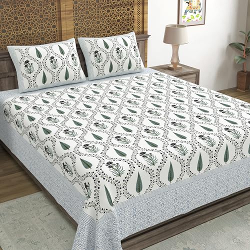 Image of BLOCKS OF INDIA Hand Block Printed 200 TC Cotton Super King Size Bedsheet(106 x 106) | Pack of 1, Blue Green Patti