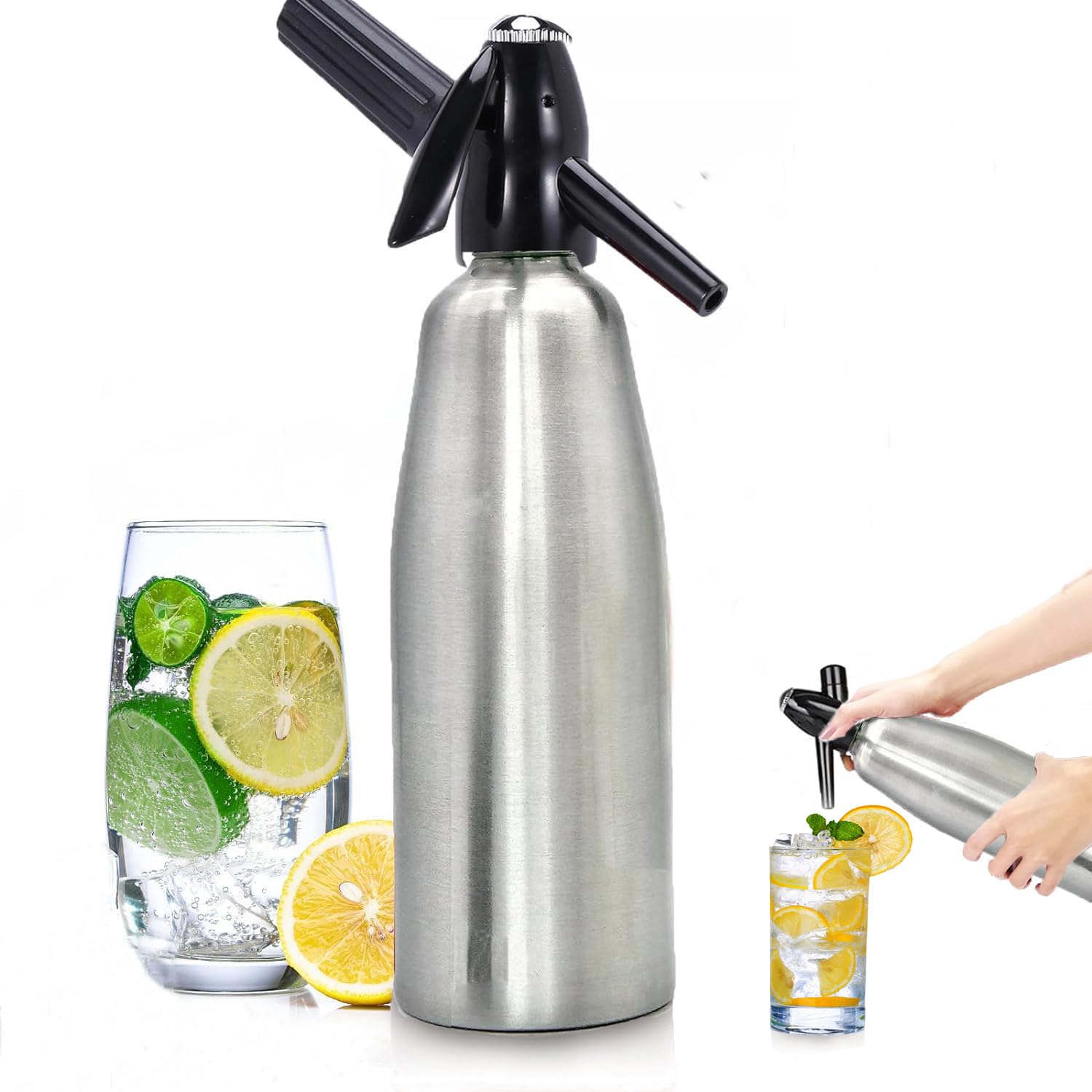 Soda Siphon 1L Premium Sparkling Water Maker - Aluminum Portable Seltzer Machine for Home, Bar, Cocktails, Coffee, Tea,Uses 8g C02 cartridges (Not Included)