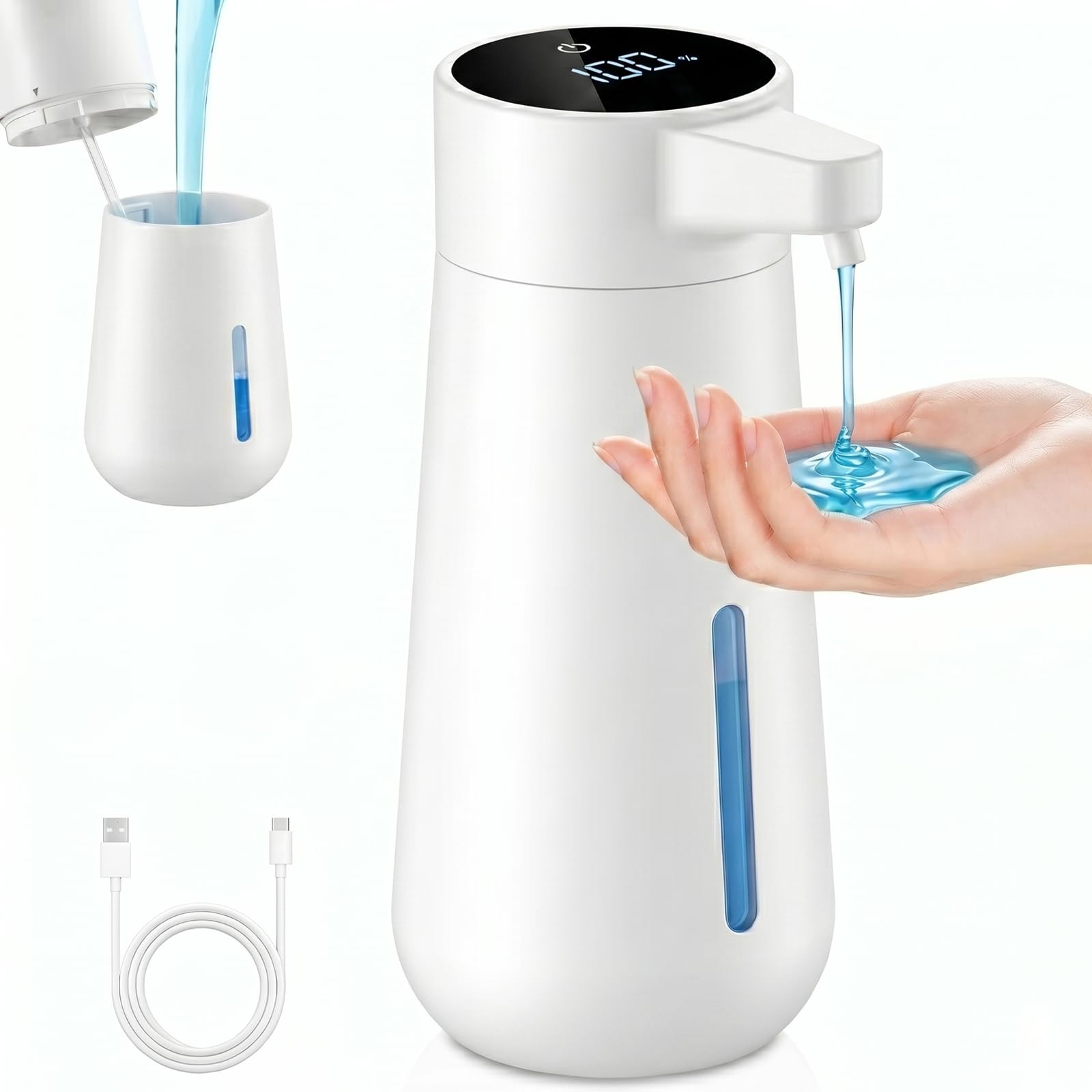 Automatic Liquid Soap Dispenser, Large Capacity 450ml with LED Indicator, Non-Contact Infrared Sensor, 1800mAh Battery, USB, 4 Adjustable Levels, White, Suitable for Kitchen