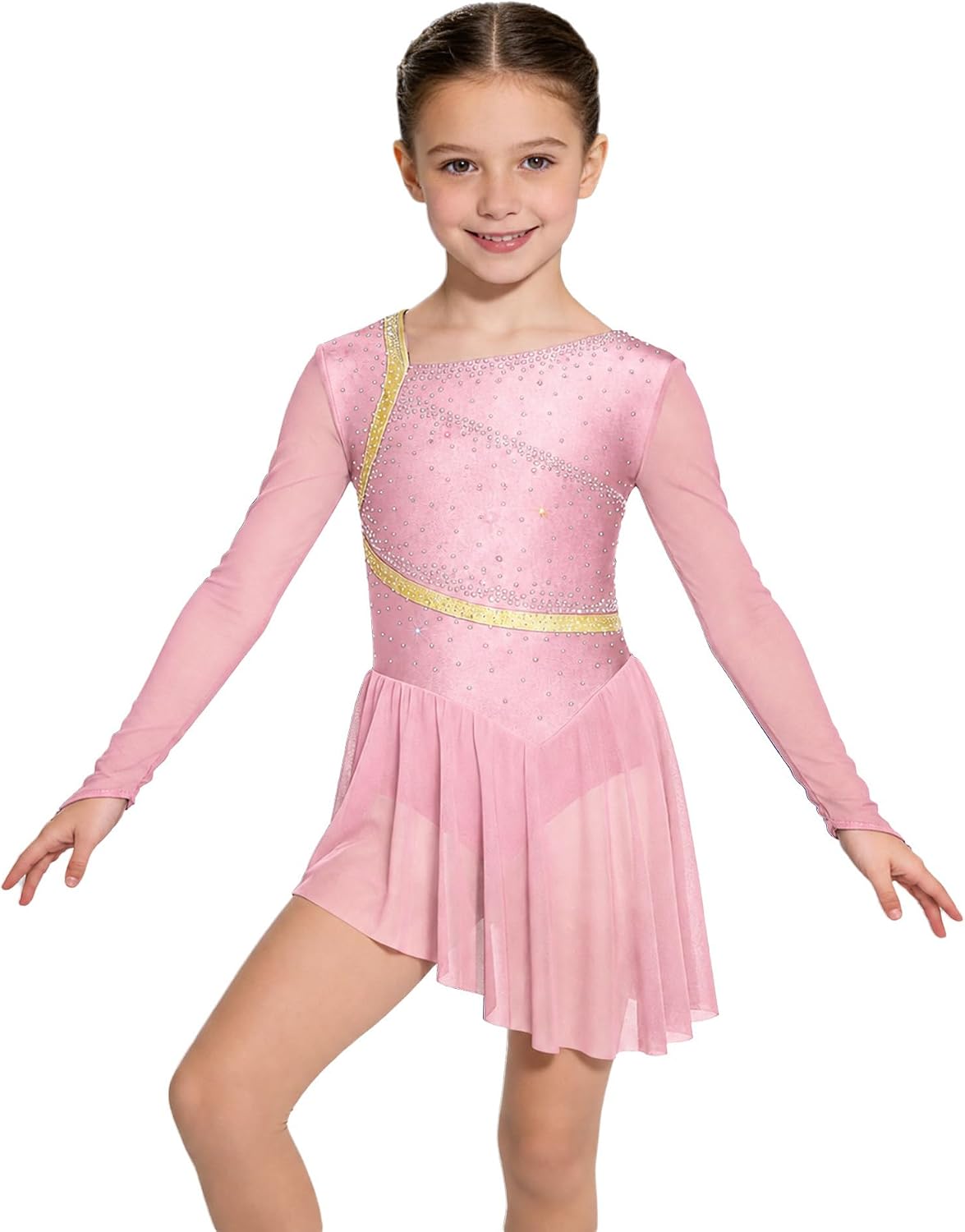 TiaoBug Kids Girls Rhinestone Long Sleeve Ballet Dance Dress Figure Ice Skating Leotard Dress Jazz Lyrical Dancewear