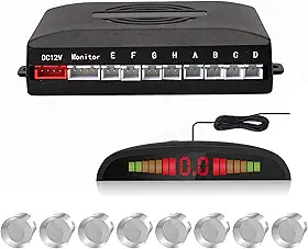 EKYLIN Sistema de Radar para Estacionamento Traseiro com 8 Sensores de Estacionamento, Detecção de Distância, Visor Led E Alerta Sonoro (Cor Prata)
