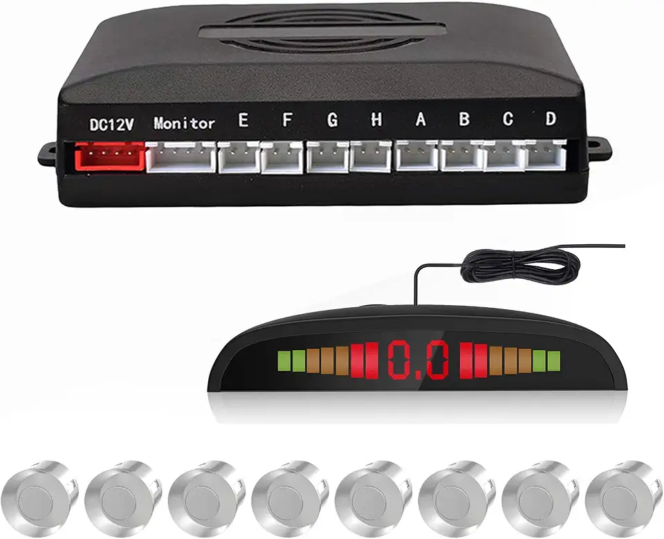 EKYLIN Sistema de Radar para Estacionamento Traseiro com 8 Sensores de Estacionamento, Detecção de Distância, Visor Led E Alerta Sonoro (Cor Prata)