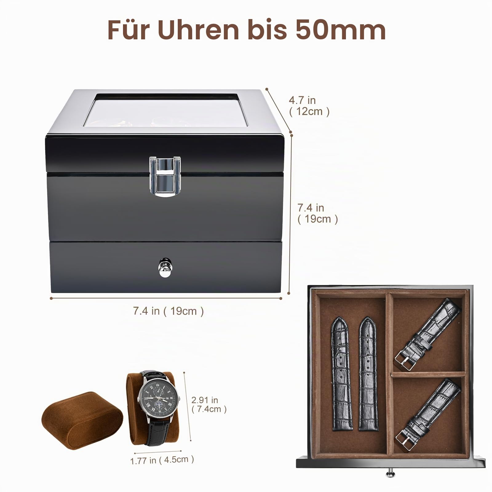 ProCase Holz-Uhrenbox für Herren, 6 Fächer, Herren-Uhren-Organizer mit Glasplatte, 2-stöckiges lackiertes Vitrine für Armbanduhr-Aufbewahrung – Schwarz