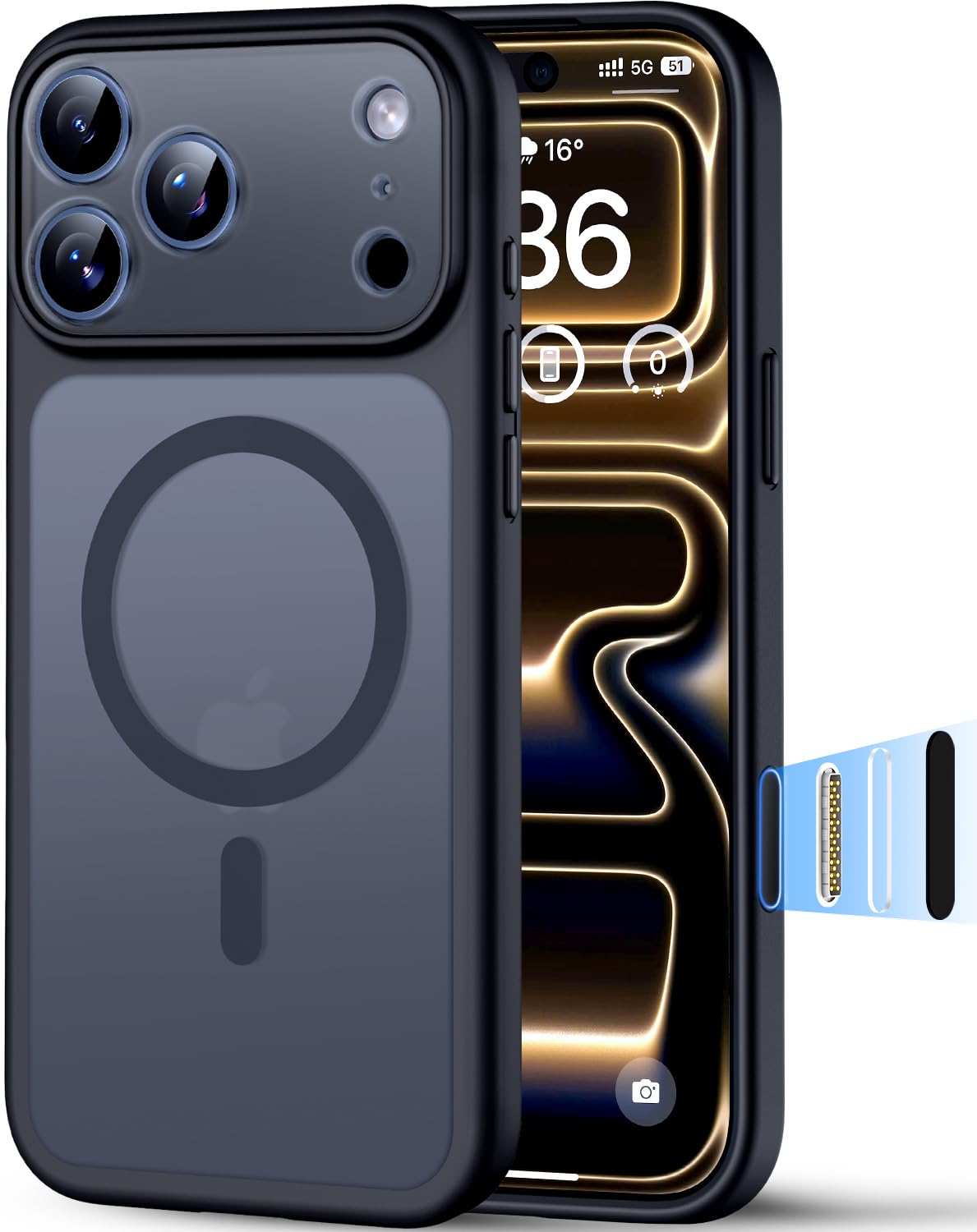 TOCOL for iPhone 17 Pro Max Case, Camera Control, Compatible with Magsafe, Shatterproof Translucent Matte Phone Case for iPhone 17 ProMax 6.9 inch, Built-in Magnetic Ring (Key Black)