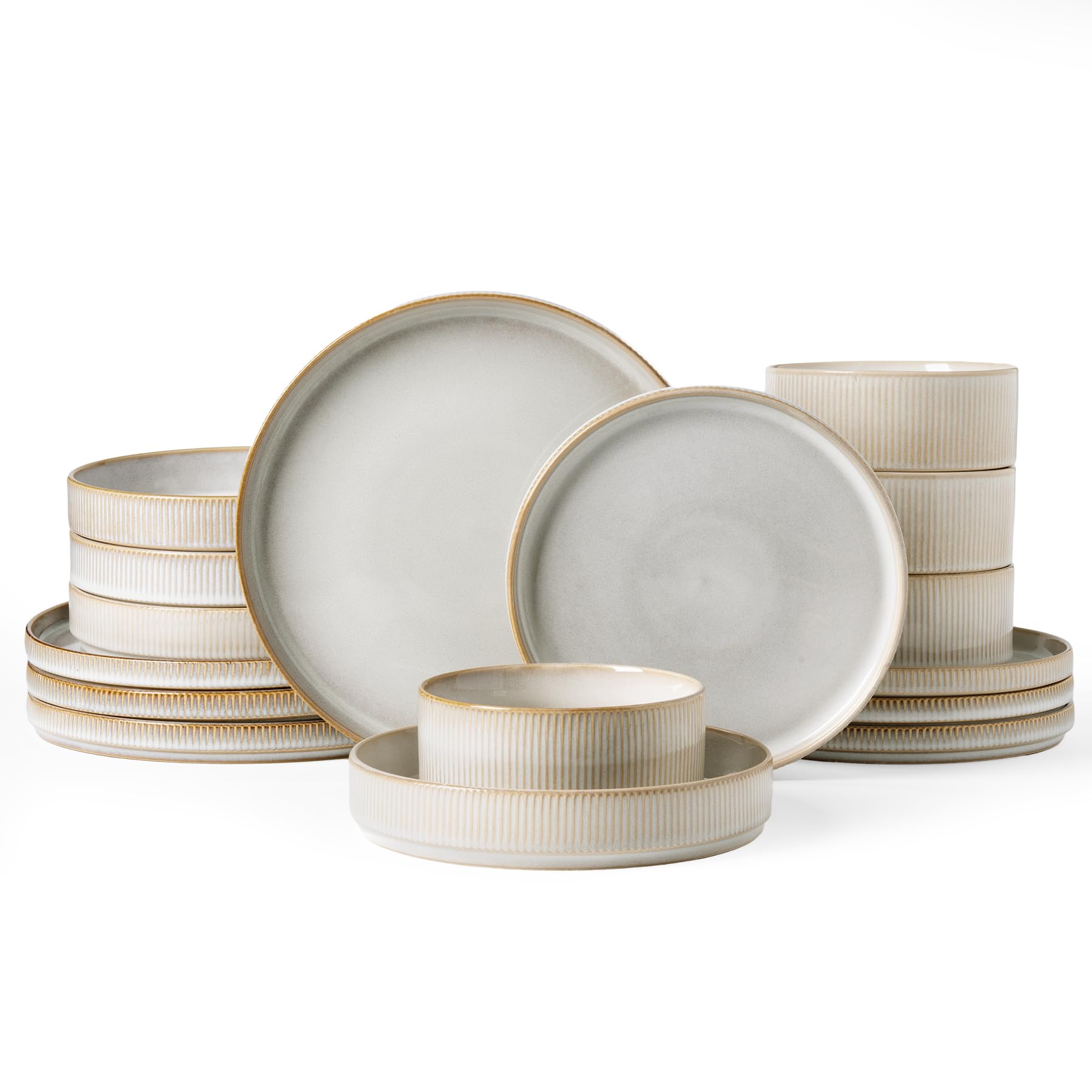 Famiware Star Dinnerware Set with Pasta Bowls, Service for 4 (16pcs), Ribbed Stoneware Plates and Bowls Dishes Sets - Chip Scratch Resistant, Microwave Dishwasher Safe, Cappuccino White