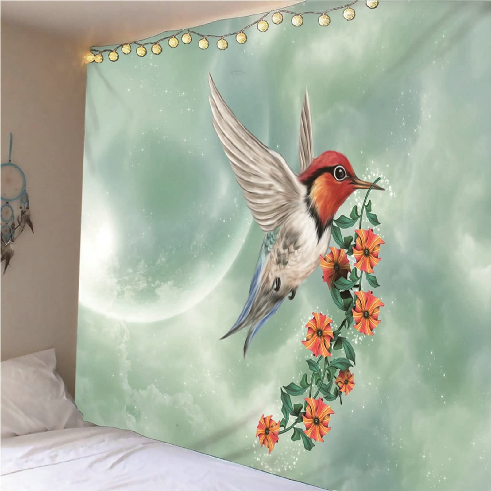 Aotiwe Dekoracja ścienna dla mężczyzn, dekoracje do sypialni ptak z kwiatami poliester zielony pomarańczowy 150 x 130 cm do wnętrz