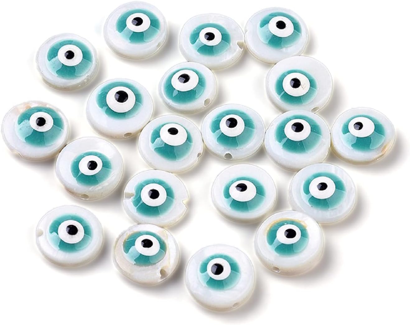 Fashewelry 20Pcs Natural Freshwater Shell Loose Beads Evil Eye Shell Spacer Beads 8.5-9mm Center Drilled Flat Round Shell Charm Beads for Bracelet Necklace Earring Jewelry Making DIY Crafts