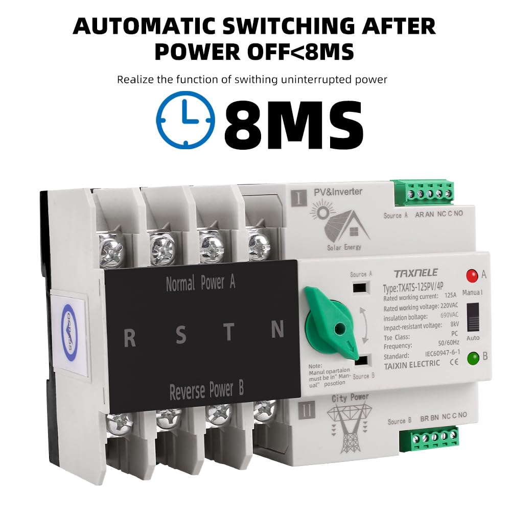 Selettore interruttore di trasferimento automatico a doppia alimentazione Alimentazione ininterrotta 4P 63A 100A 125A Interruttore a levetta fotovoltaico Din Rail ATS PV Solar Inverter UPS (125A)