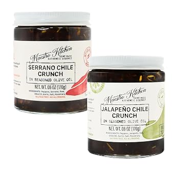 MAESTRO KITCHEN Serrano and Jalapeno Chile Crunch in Olive Oil, Chili Crisp, Thai, Seasoning, Mexican Salsa, Taco, Paste, Spread, Gluten Free Snacks, Vegan, 6oz