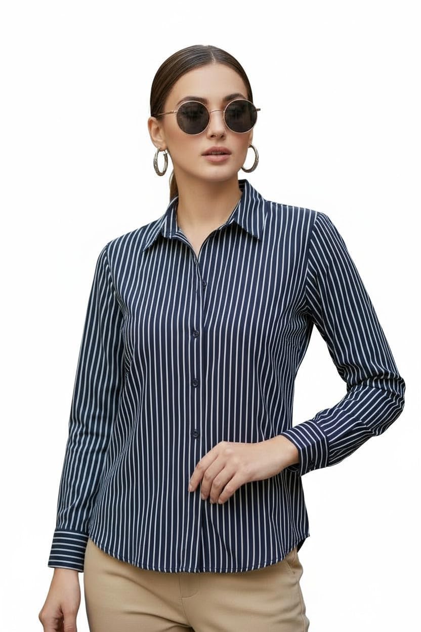 rs Women's Classic Navy Blue and White Striped Button-Down Shirt, Long Sleeve, Business Casual Style, Collared Formal Top-picture-11