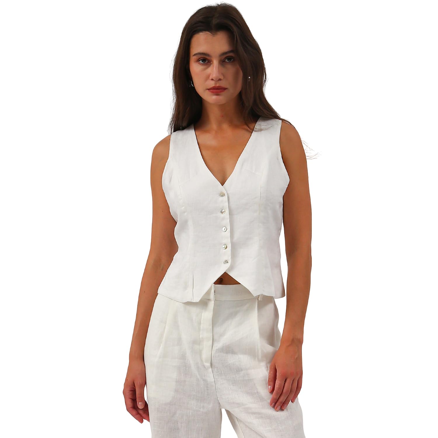 Amazhiyu Gilet da donna in puro lino, senza maniche, con bottoni, scollo a V, top estivo, gilet con cinturino regolabile