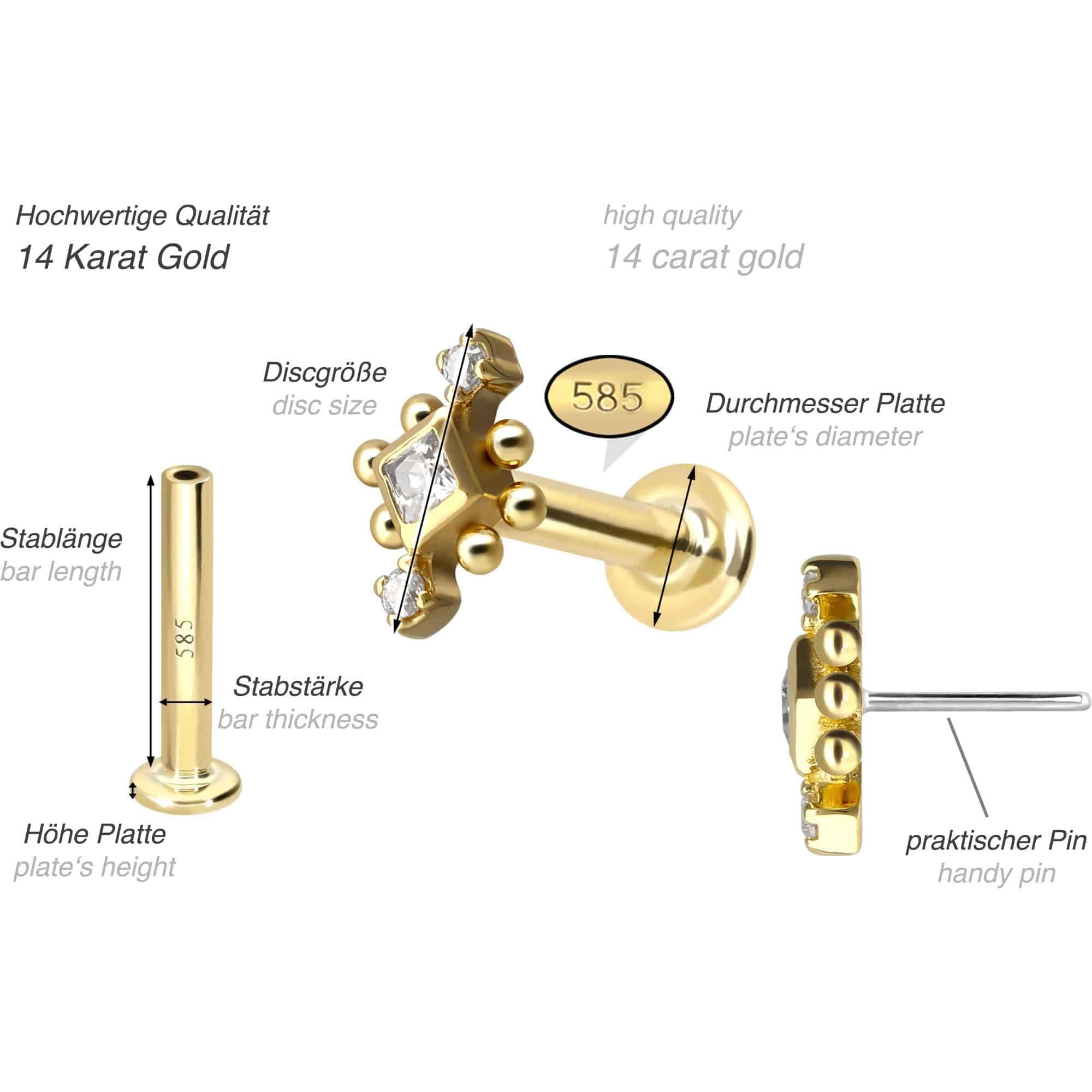 PIERCINGLINE Piercing Stecker 14 Gold Labret mit Push Fit 3 MOISSANITE + KUGELN 585er Gold - Roségoldfarben, Goldfarben, Silberfarben