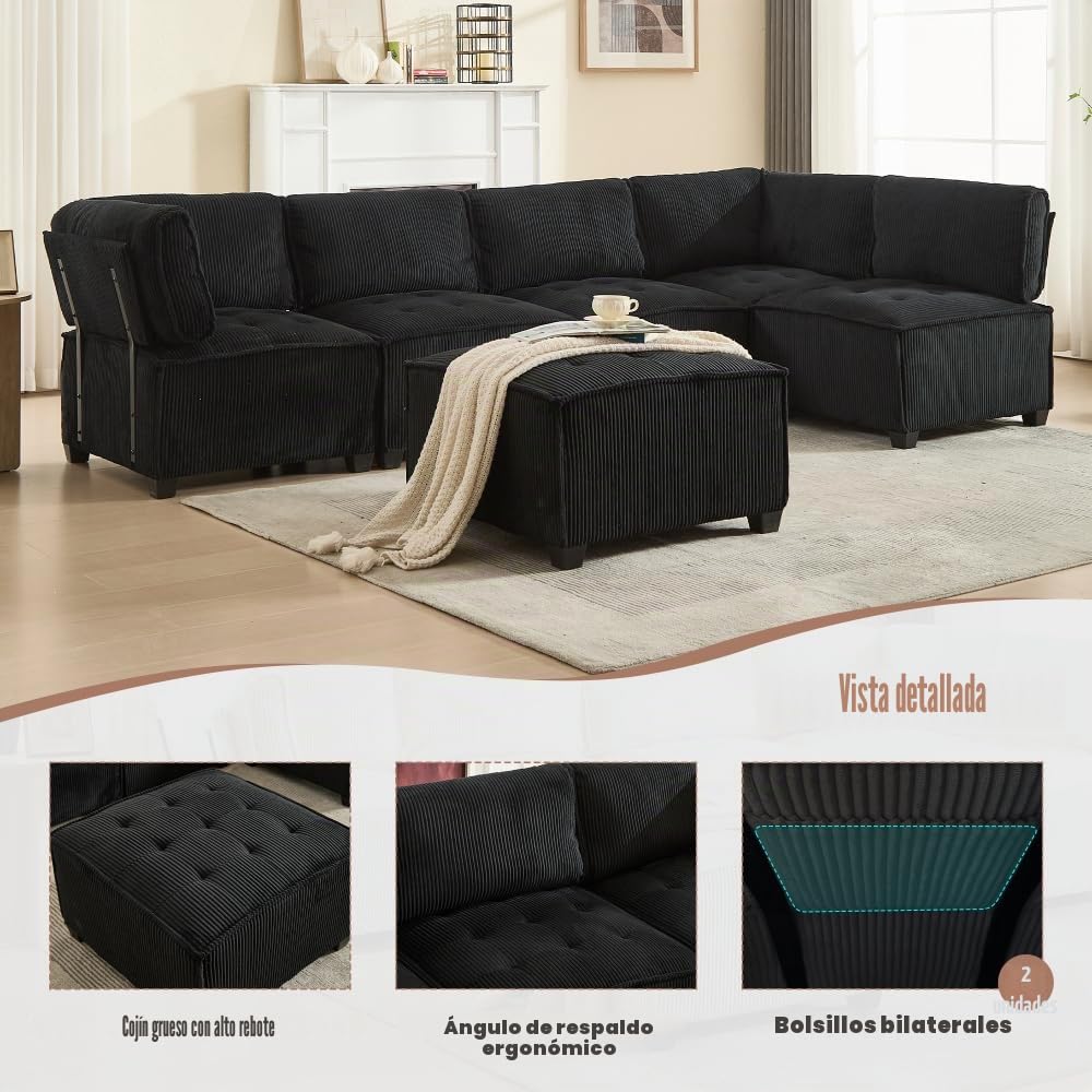 Sofá modular ergonómico de 6 plazas de 308 cm, sofá esquinero moderno con bolsillos de almacenamiento, flexible como sofá en U/en L/cama, tejido de pana para salón o apartamento, color negro
