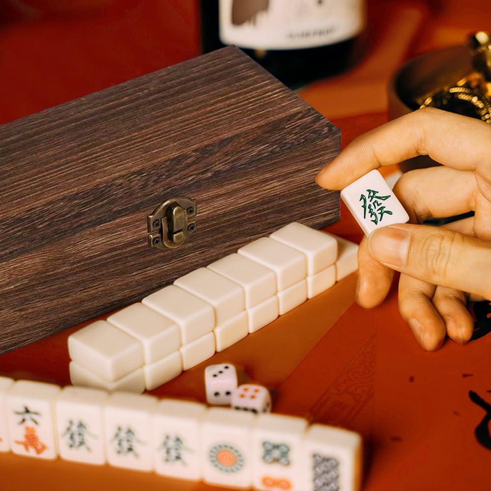 Mini Mahjong Set, 144 Stück Portable Traditionelles Chinesisches Majong Set, Mahjong Steine mit Edler Holzkiste, Traditionelles MahjongSpielset, Für Party Tischspiele für Erwachsene