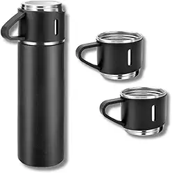 Kit Garrafa Térmica com 3 Xícaras, Inox, 500ml, Bebidas Quente e Fria (PRETA)
