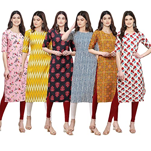 Image of Pinkmint Women's Crepe Digital Print Straight Kurta [Pack of 6] (CKE-329-353-330-333-341-343)