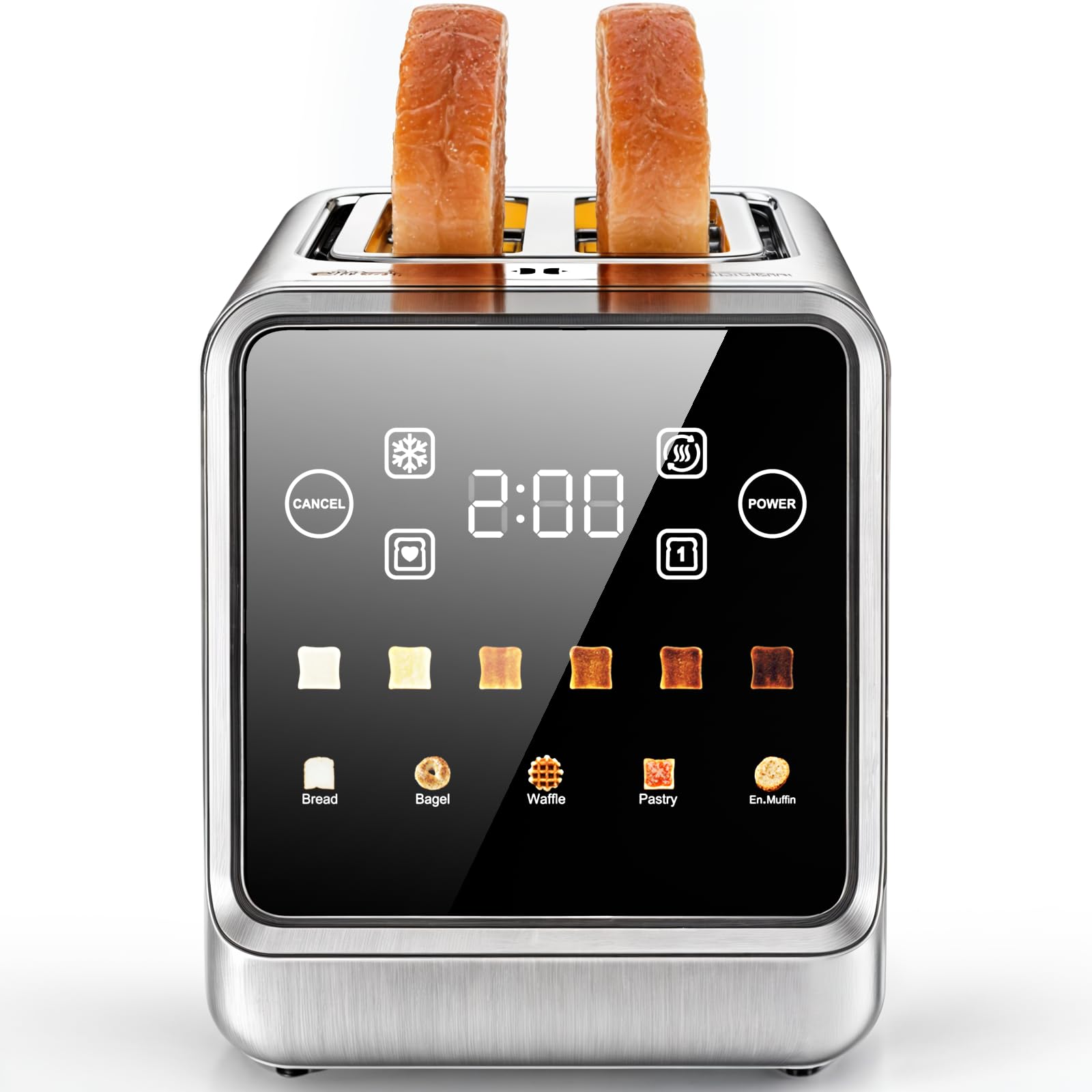 Toaster 2 Slice Wide Slot, Stainless Steel Digital Toasters Best Rated Prime, Touch Screen Toaster for 5 Bread Types/6 Shade Settings/Single Slot Toasting/Memory Function/Defrost/Reheat