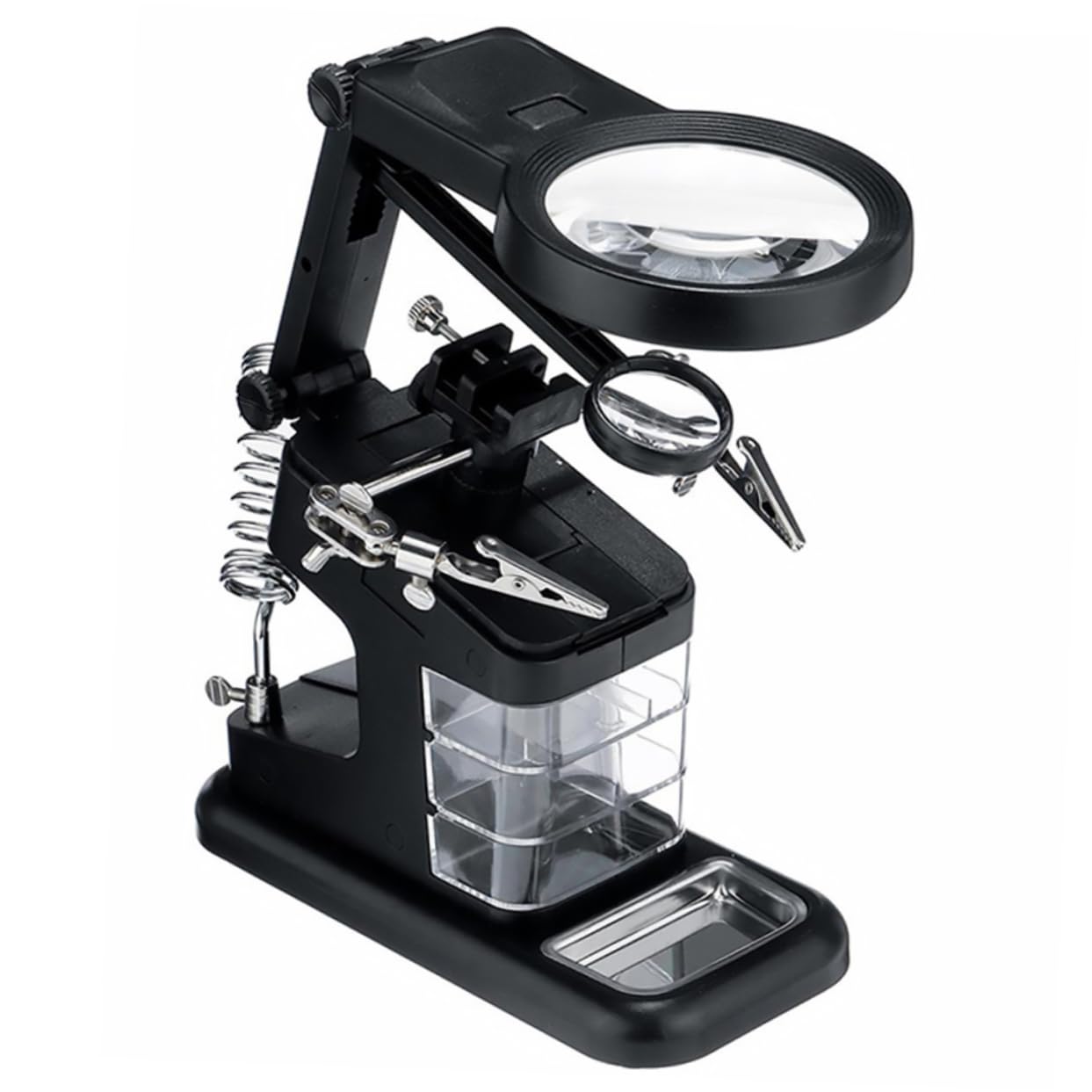Soporte para Soldar Luz LED y Lupa de Sobremesa Pinzas | Brazos Flexibles, Cuello Giratorio 360°, Base Estable Soporte para Herramientas y Bandeja de Almacenamiento Estilo Aleatorio