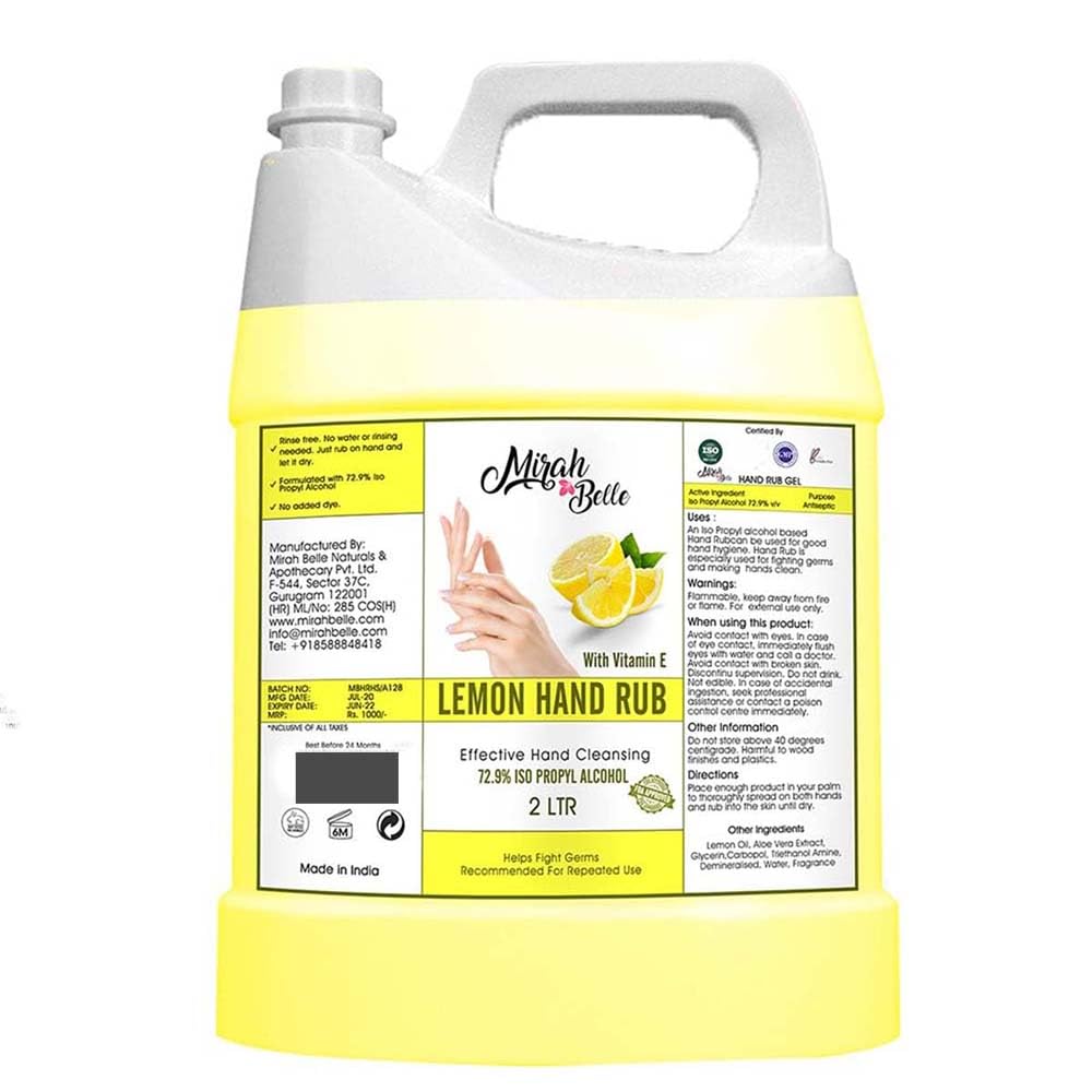 Mirah Belle - Lemon Hand Rub Sanitizer Gel Can (With Vitamin E - 2000 ML) - BUY 2 GET 10 Masks - (72.9% Alcohol) - FDA Approved - Best for Men, Women and Children - 2 Litre Bulk Refill Pack
