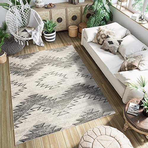 TAPISO Ethno Tapis Salon Chambre Jeunes Crème Gris Motif Ethnique Aztèque Géométrique Zigzags Moucheté Doux 80 x 150 cm