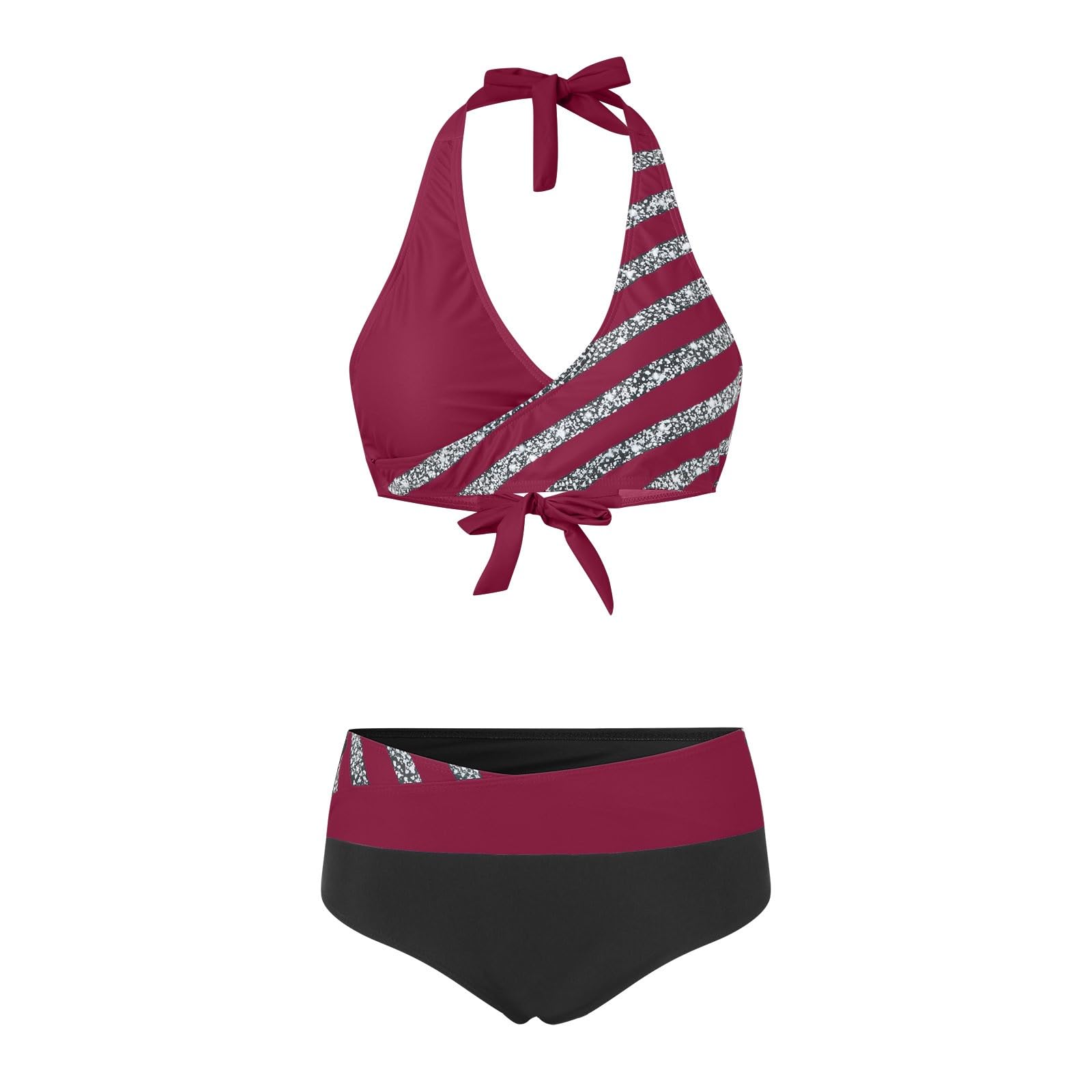 Conjunto de bikini para mujer, bikini estampado con parte inferior, color rojo vino, talla XXL