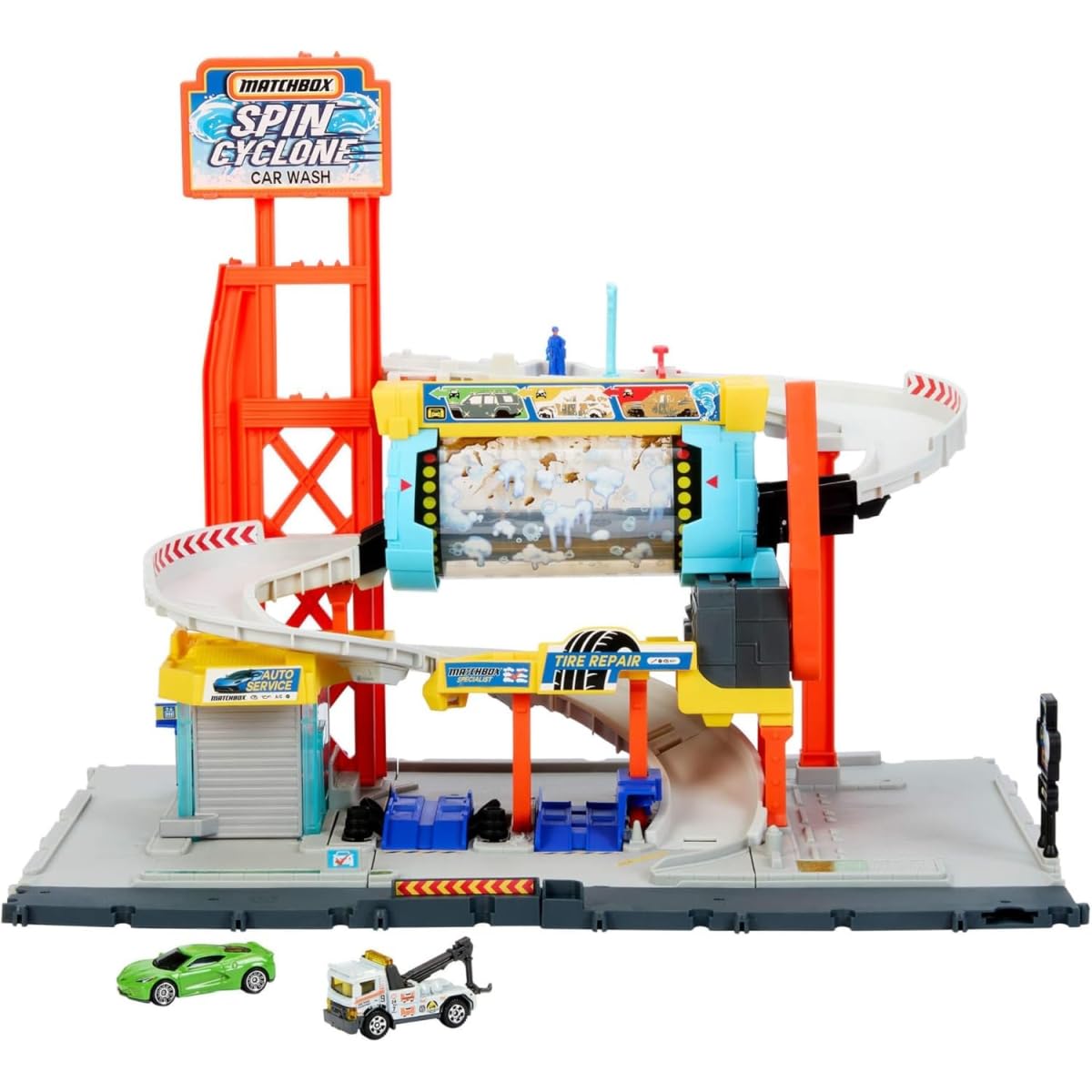 Matchbox Spin Cyclone Car Wash Conjunto de pistas, conjunto de juego con Corvette y grúa a escala 1:64 y túnel de lavado giratorio, taller y aparcamiento, JGB68