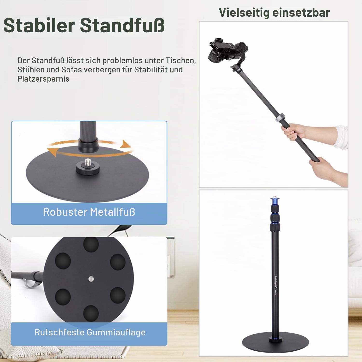 Koolehaoda Stativ-Ständer, ausziehbares Einbeinstativ, Kohlefaser-Stange mit runder Basis für Schreibtisch, 360° drehbarer Kugelkopf, Tisch-Webcam-Ständer für DSLR-Kamera, Licht, Webcam