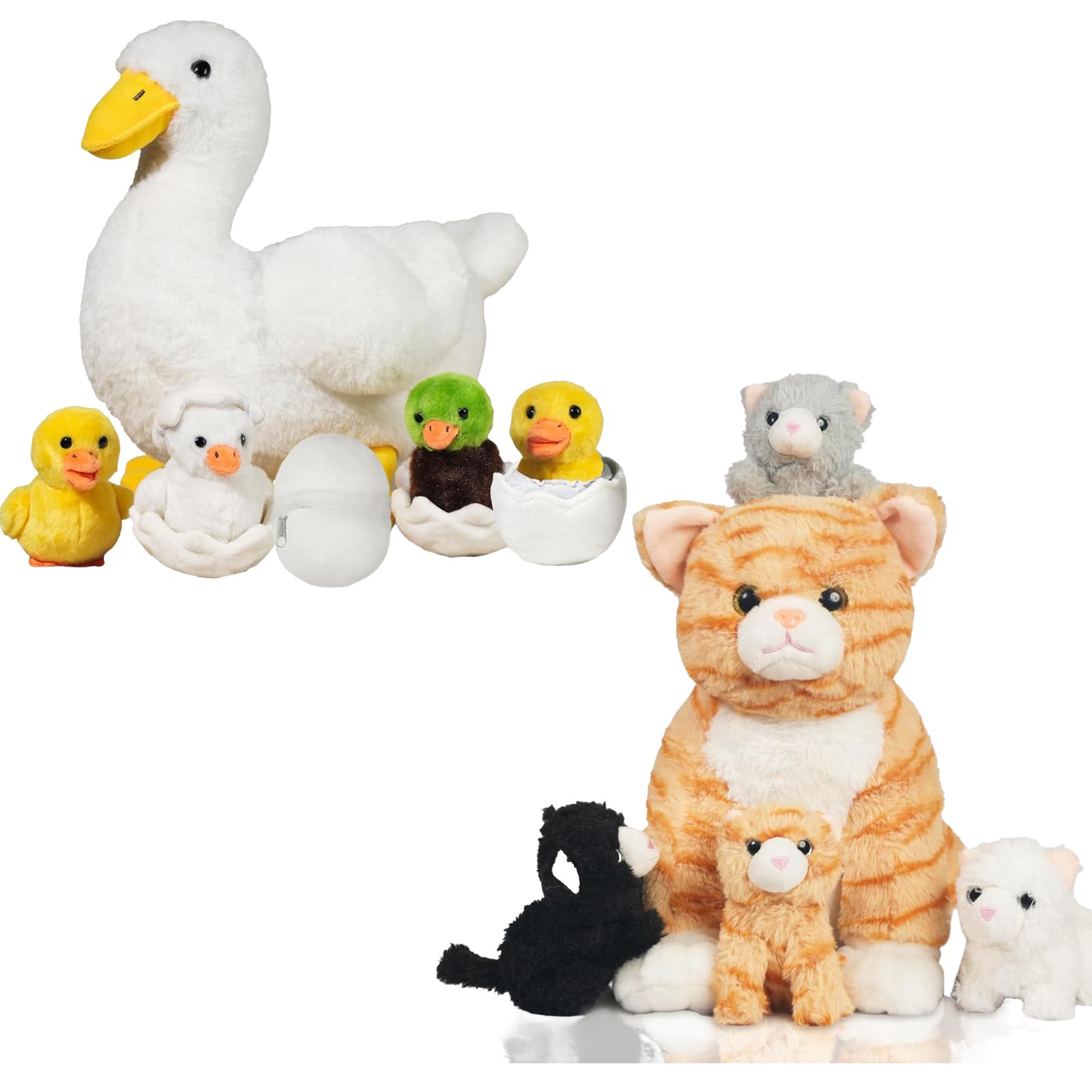 XYHQYB 7 in 1 White Duck Stuffed Animals with Ducklings and Eggs + 5 in 1 Cat Stuffed Animal Orange Cat Plush Toys for Boys and Girls