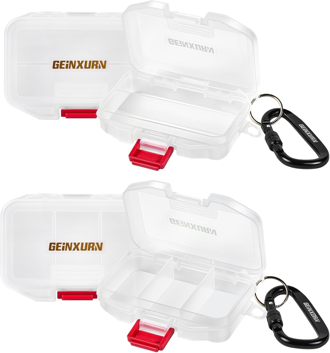GEINXURN 4-Pack Portable Fishing Tackle Boxes with Carabiner Clip - Transparent Organizer for Hooks, Lures, Baits & Small Parts