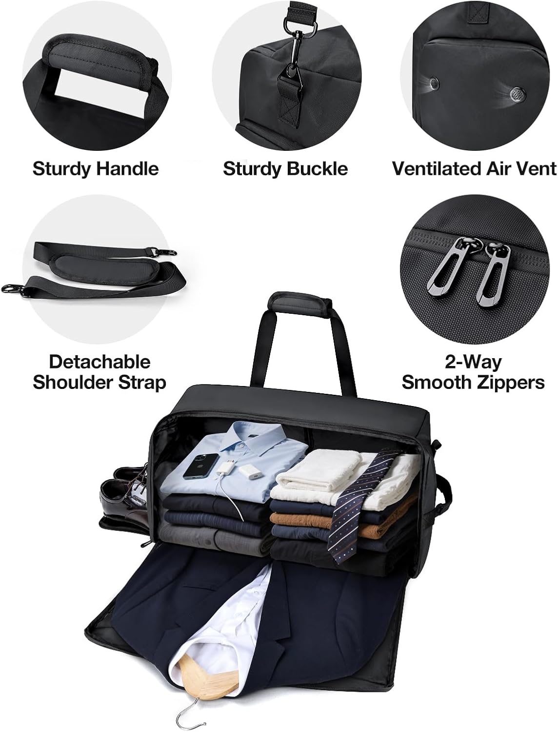 Noozion Garment Duffle Bags for Travel, Convertible Garment Bag with Shoe Compartment,3 in 1 Waterproof Travel Suit Bag with Shoulder Strap for Men Women - Image 3