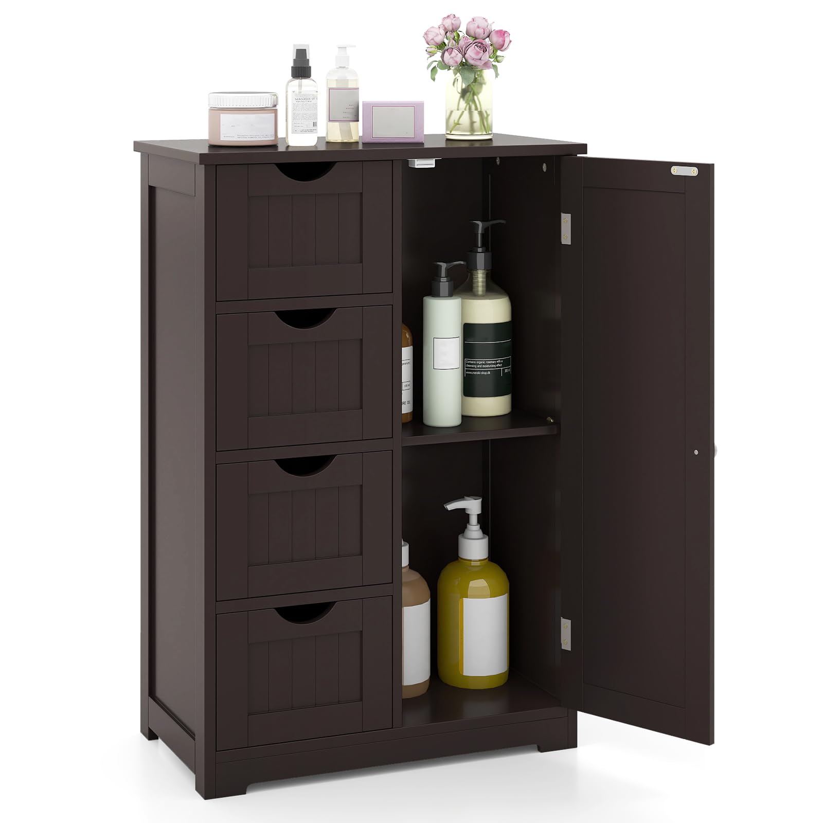 Tangkula Bathroom Floor Cabinet, Freestanding Storage Cabinet with 4 Drawers & Single Door, Adjustable Shelf, Multipurpose Bathroom Storage for Home