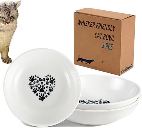 Paquete de 3 cuencos de comida para gatos, cuencos de cerámica para gatos, antifatiga y antibigotes, juego de platos para gatos de interior, platos