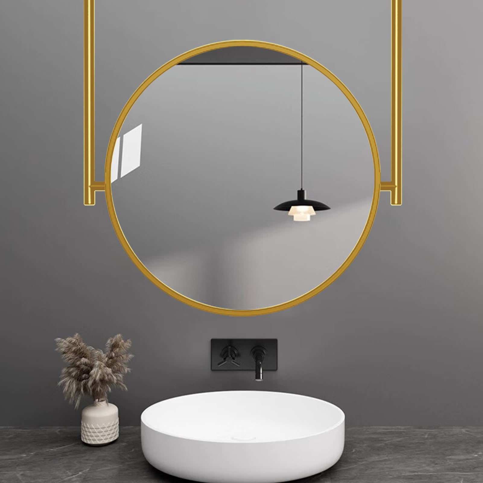 FGXHHS Gold Ceiling Mounted Mirror, Round Frame Vanity Make-up Mirrors, Metal Boom Hanging Living Room Bathroom Bedroom Hallway Entrance Wall Mirror(Diameter-70CM/27.6INCH)