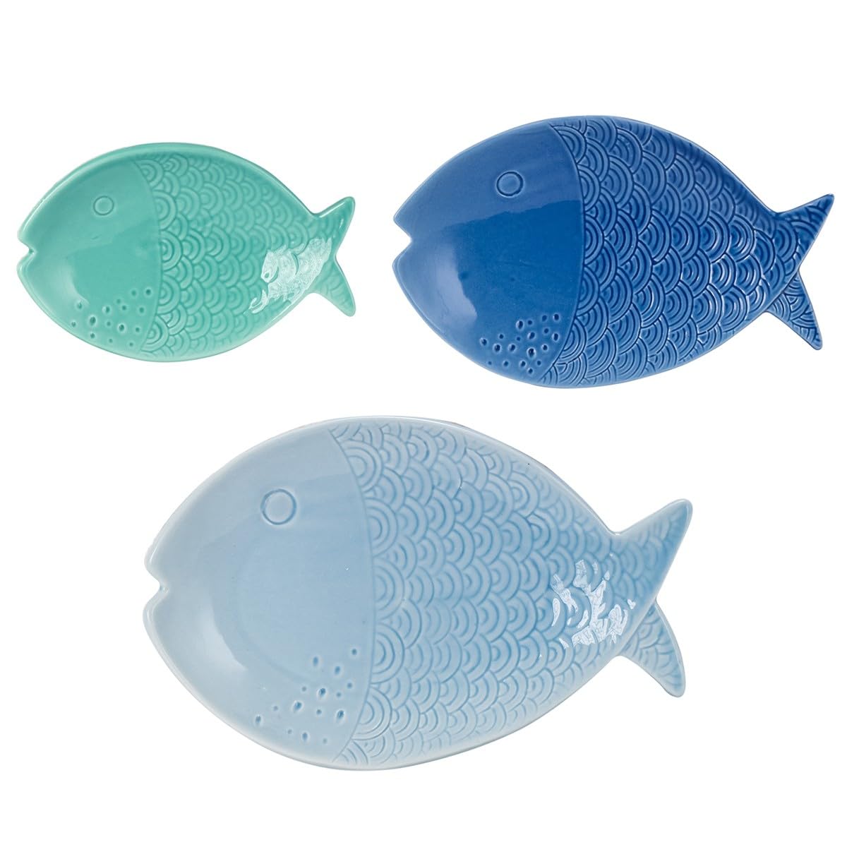 Générique Set de 3 plateaux de service en céramique en forme de poisson, 27 cm, bleu, vert et bleu foncé