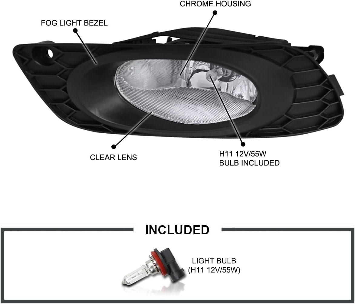 SPEC-D TUNING Clear Fog Lights + Bulbs + Switch Compatible with 2012 Honda Civic Sedan 4Dr, L+R Pair Assembly