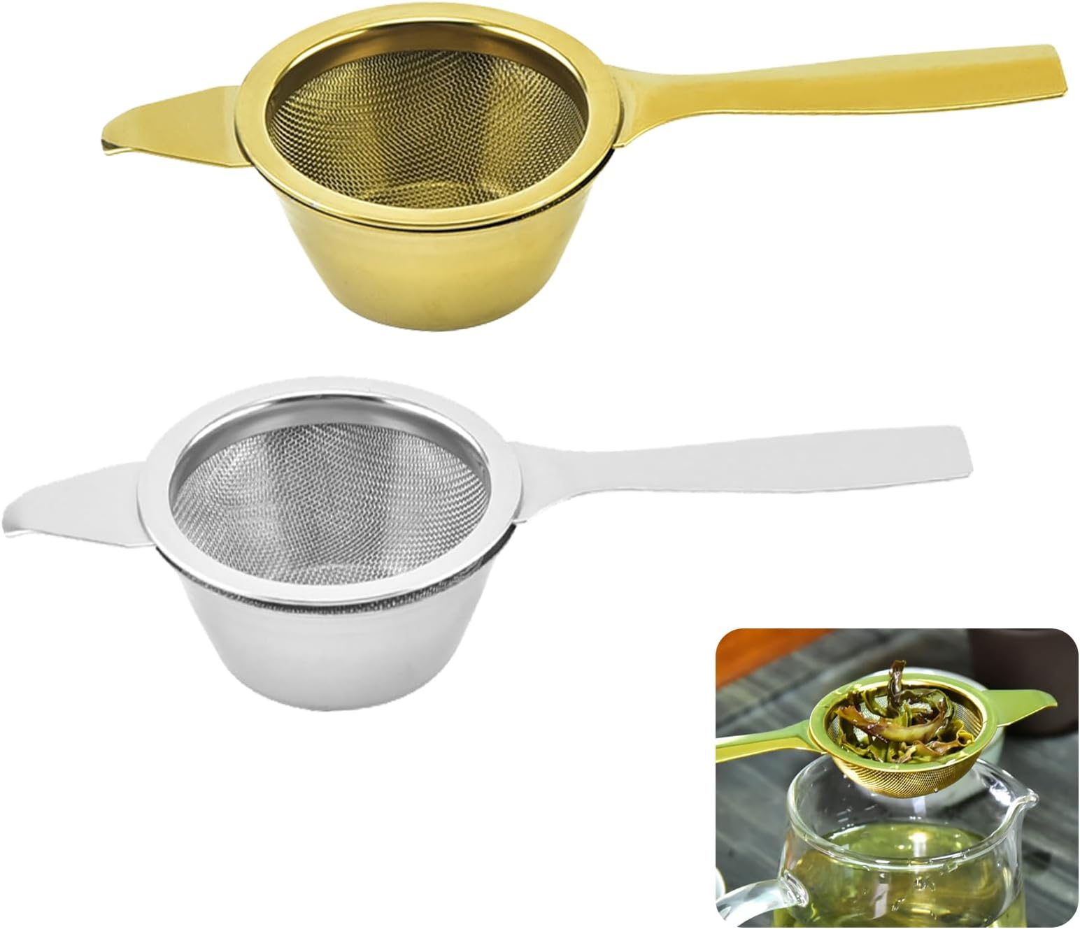 2 Sets Tea Filter, Tea Accessories Stainless Steel Tea Strainer with Drip Bowl, Long Handle Tea Residue Filter Tea Leaf Mesh Sieve, Gold and Silver