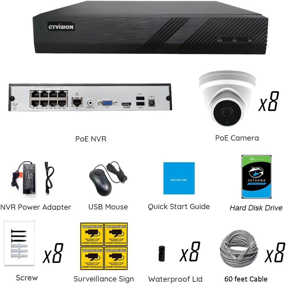 Frее Shірріng Ovеr $50 CTVISION 4K 8MP Home Business Wired Security Camera Systems,8-Channel 4K 8MP PoE Network Video Recorder(4TB HDD),8pc 4K (4X1080P) Outdoor Dome PoE IP Camera,Free App,P2P Cloud,Onvif,Video Surveillance
