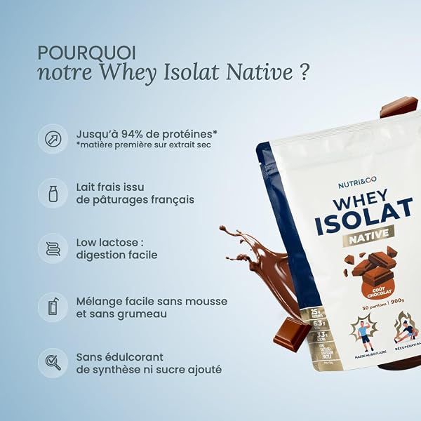 NUTRI & CO Whey Isolate Native - Jusqu’à 94% de Protéines - Pur Lait Français Low Lactose Digestion Facile - Riche en BCAA - Prise de Masse & Musculation - 900gr 30 portions goût Chocolat - 2
